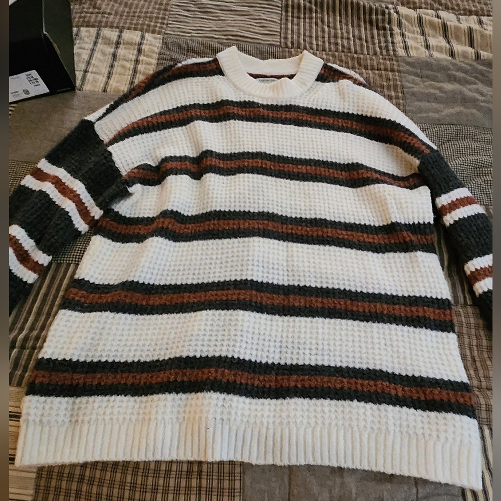 Striped Knit Sweater - Black, Brown, and White Oversized M
